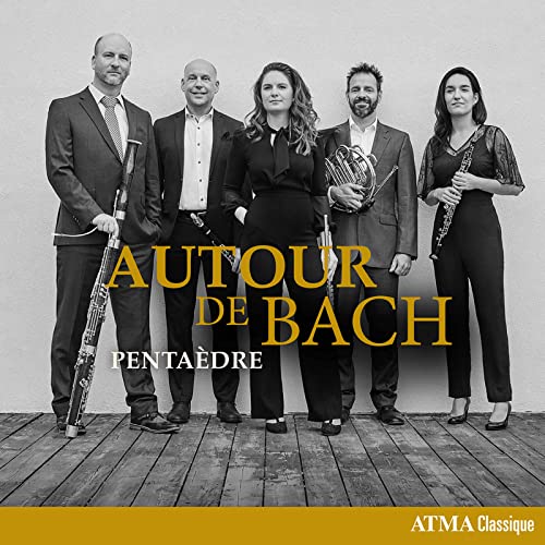 Five musicians with instruments, album cover for “Autour De Bach” by Pentaèdre.
