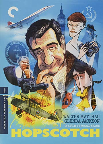 Hopscotch" DVD cover featuring Walter Matthau, illustrated spy imagery, and text.