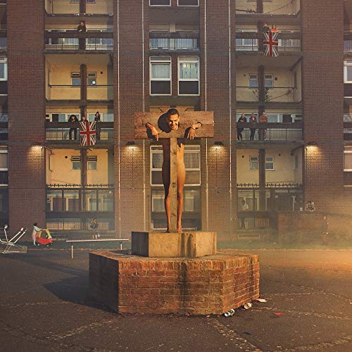 Album cover: nude figure on a cross before a British housing estate.
