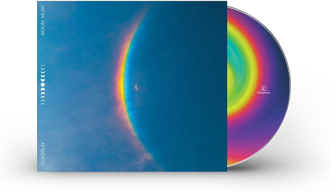 Coldplay āMoon Musicā CD cover with a crescent moon and colorful spectrum.