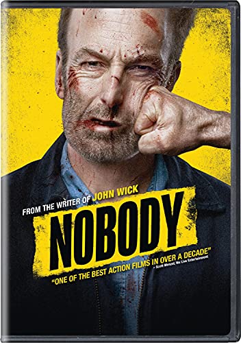 DVD cover for "Nobody" featuring Bob Odenkirk with a bruised face.