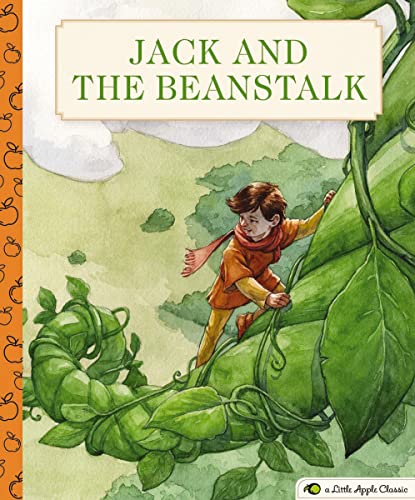 Boy climbing a giant beanstalk, illustrated cover of "Jack and the Beanstalk".