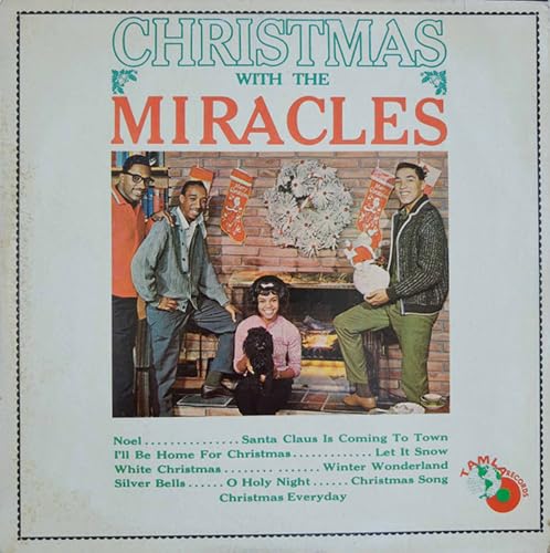 Christmas With The Miracles" vinyl record cover featuring a group portrait by a fireplace.