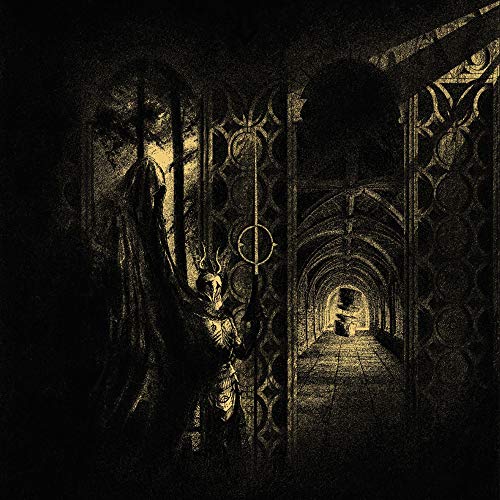 Dark, textured illustration of a shadowy figure in an arched hallway.