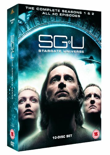 Stargate Universe DVD box set featuring three cast members against a glowing stargate background.