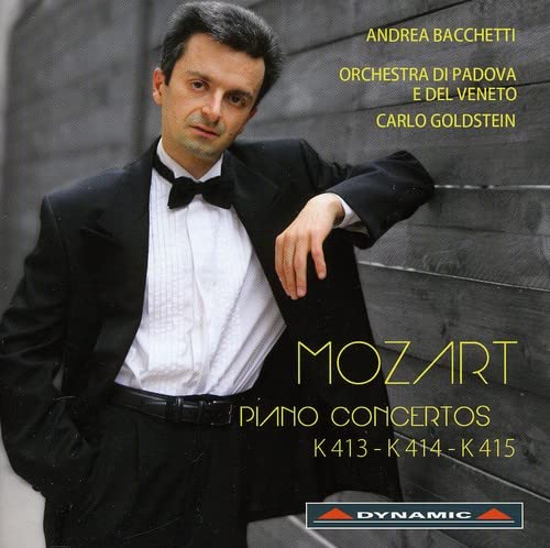 CD cover featuring pianist Andrea Bacchetti and text “Mozart Piano Concertos.”