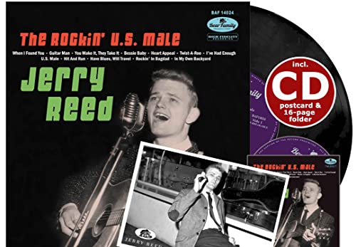 Jerry Reed album cover with vinyl record, CD, and postcard set.