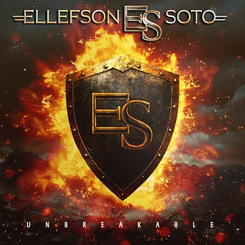 Album cover for Ellefson-Soto’s “Unbreakable” featuring a shield engulfed in flames.