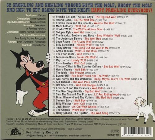 CD cover featuring a cartoon wolf, a goat, and a tracklist about wolves.