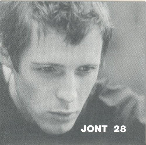 Black and white portrait of a young man with "JONT 28" text.
