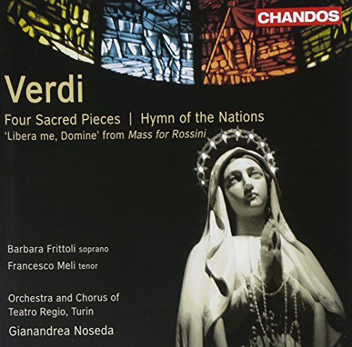 CD cover for Verdi’s sacred works featuring a stained-glass window and Madonna.