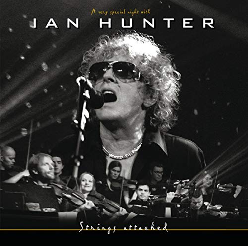 Ian Hunter performing with an orchestra, album cover for "Strings Attached.