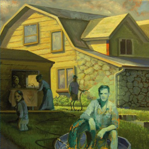 Painting of a family near a house, with figures in a yard scene.