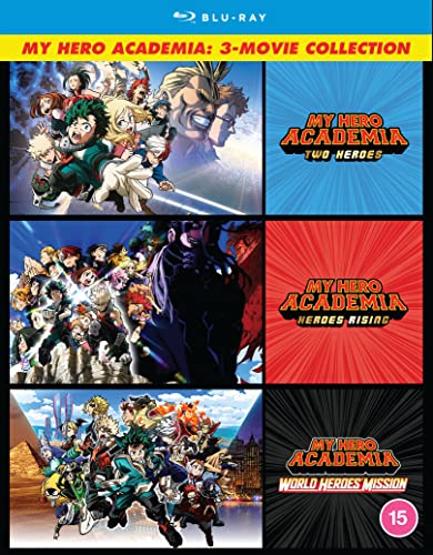 My Hero Academia Blu-ray collection featuring anime characters and movie covers.