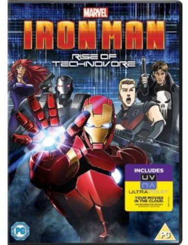 DVD cover for “Iron Man: Rise of Technovore” featuring animated characters.