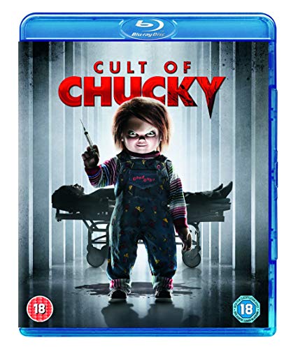 Blu-ray cover for "Cult of Chucky" featuring Chucky holding a syringe.