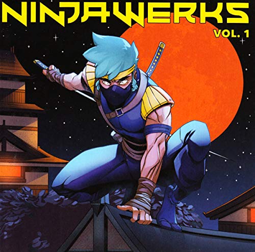 Cartoon ninja crouching on a rooftop under a full moon.