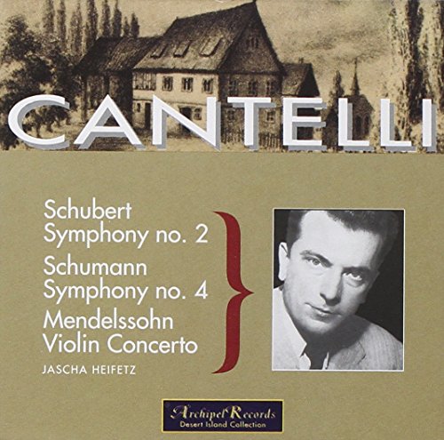 CD cover featuring conductor Cantelli and violinist Heifetz, with building image.
