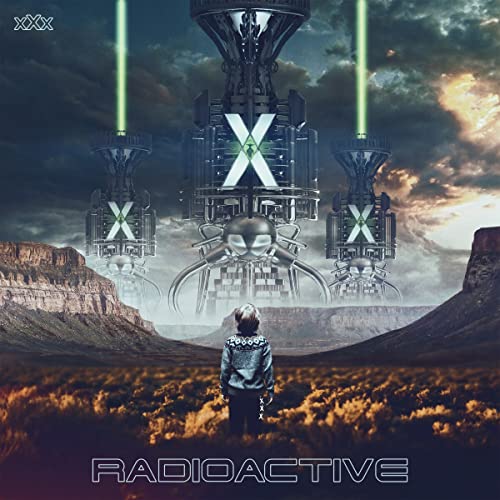 CD cover: futuristic towers with green beams, figure facing landscape.