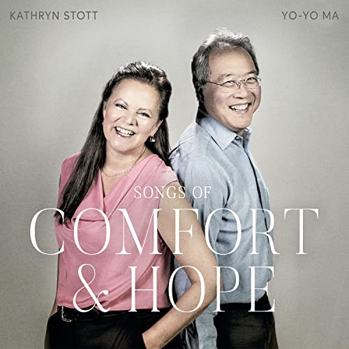 Yo-Yo Ma and Kathryn Stott smiling on album cover, “Songs of Comfort & Hope.”