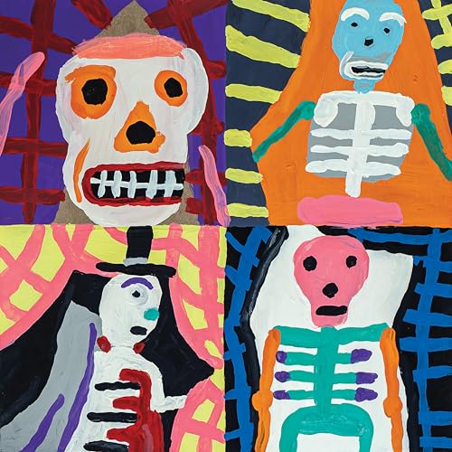 Colorful, naive painting of four skeletal figures in divided squares.