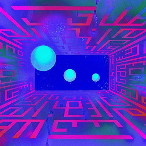 Neon pink maze with glowing blue spheres receding into darkness.