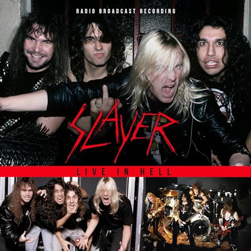 Slayer band members in leather jackets, live performance imagery, CD cover.