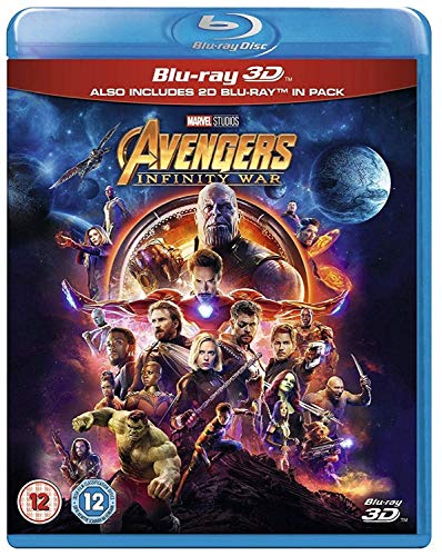 Avengers: Infinity War Blu-ray cover featuring Thanos and many heroes.
