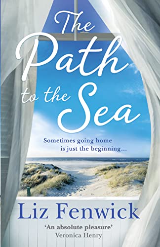 Book cover showing a beach view through a window with white curtains.