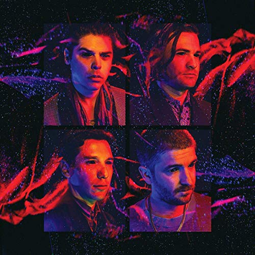 Four band members’ portraits arranged in a square, with red and purple effects.