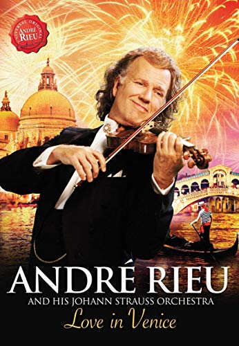 André Rieu playing violin with Venice landmarks and fireworks in background.