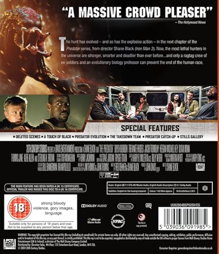 Blu-ray case back for "The Predator" featuring the alien and cast photos.