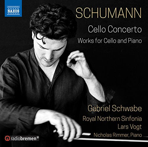 CD cover: black and white portrait of cellist Gabriel Schwabe, text “Schumann”.