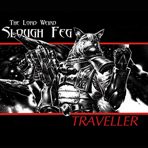 Black and white illustration of an armored dog-like creature holding a futuristic weapon.