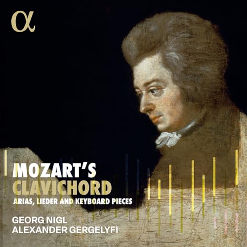 CD cover featuring a portrait of Mozart and musical staff lines.