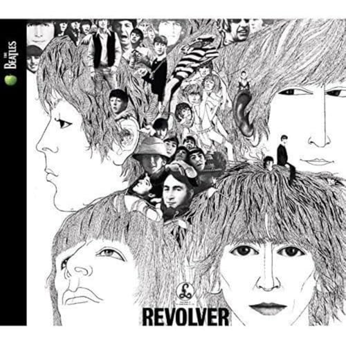 “Revolver” album cover by The Beatles, black and white sketched portraits.
