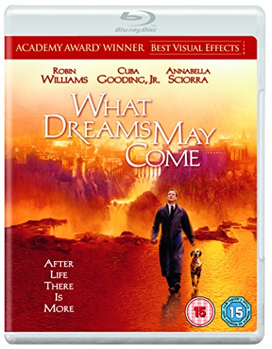 Blu-ray cover for What Dreams May Come featuring a man walking with a dog.