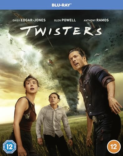 “Twisters” Blu-ray cover featuring storm chasers amidst a dramatic tornado.