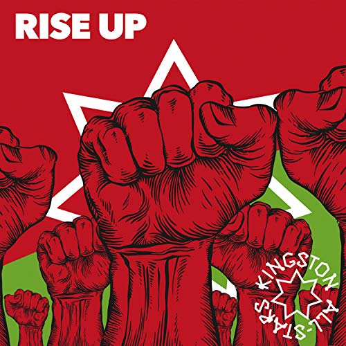 Red clenched fists raised against a white star on red background.