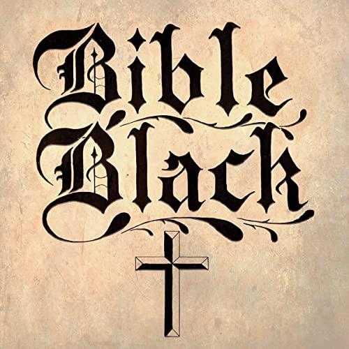 Bible Black album cover with ornate black lettering and a cross.
