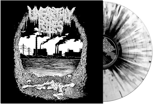 Black and white vinyl record with industrial landscape album art.