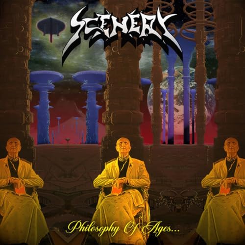 CD cover: fantastical landscape with columns, figures, and a glowing Earth.