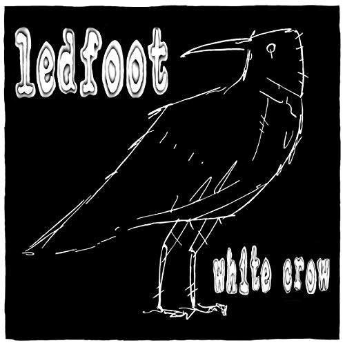 Black and white drawing of a crow with the text "ledfoot" and "white crow".