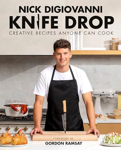 Cookbook cover featuring Nick DiGiovanni wearing an apron with a knife standing upright.