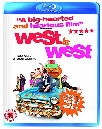 “West is West” Blu-ray cover with family and vintage car illustration.
