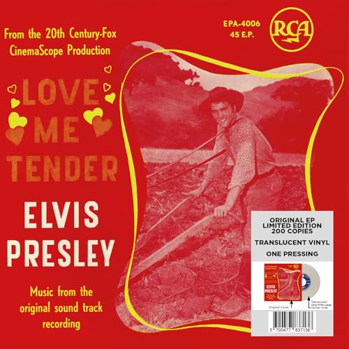 Elvis Presley "Love Me Tender" translucent vinyl record cover with farm scene.