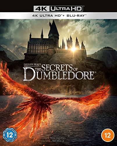 Fantastic Beasts: The Secrets of Dumbledore" Blu-ray cover with castle and phoenix.
