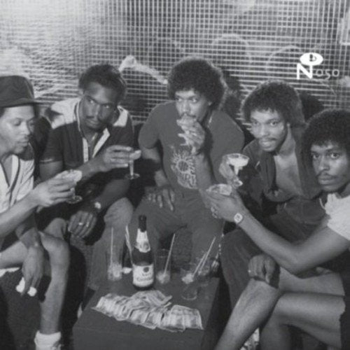 Black and white photo of five men with drinks and a champagne bottle.