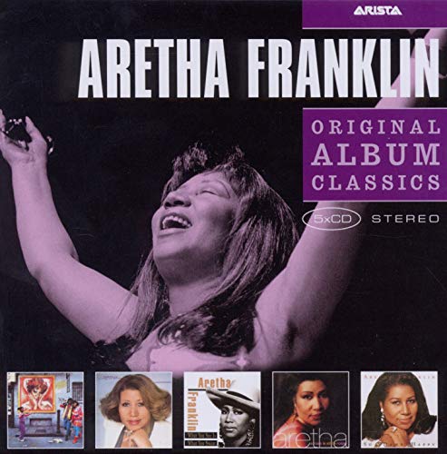 Aretha Franklin album cover with her image and smaller album portraits.