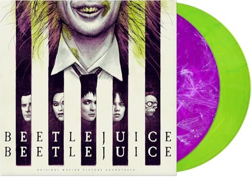 Beetlejuice soundtrack vinyl record with colorful, swirled discs and character artwork.